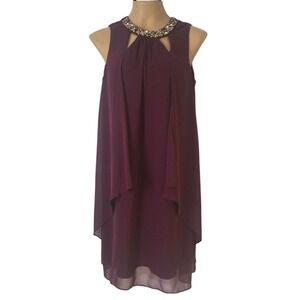 Sleeveless Jeweled Halter Neckline Cocktail Dress Maroon size 6